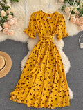 Women Polka Dot Midi Dress Vintage V-Neck Short Flare Sleeve Bandage A-Line Vestidos Female Casual Robe New