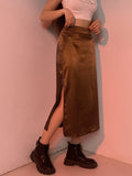 Vintage Brown High Waist Skirt Female Harajuku Satin Long Skirt Side Split Ladies Summer Skirts Gothic