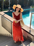 Xixi 2025 Summer New Korean Version Of High-Waisted Vacation Sling Dress V-Neck Print Pure Desire Skirt