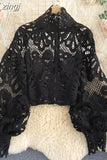 Lace Hollow Out Short Blouse Casual Lantern Long Sleeve Stand Collar Shirts Female Elegant Red/Pink/White Loose Tops