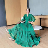 Seaside New Super Layer V-Neck Waist Temperament Famous 100 Fold Dress Short-Sleeved A-Word Dress