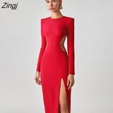 Sexy Backless Maxi Dress Women Black Hollow Out High Slit Evening Dress Female Autumn Skinny Elegant Party Clubwear