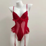 Pajamas Woman 2025 New Summer Thin Red Lace Belly Pocket High-End Sense With A Joint Coat