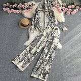 Zingj Suit Female Autumn And Winter Ink Painting Jacquard Zipper Hoodie Two Sets Of High Waist Wide Leg