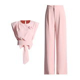 Commuter Style Formal Sense Suit 2025 Autumn New Round Collar Bow Splicing Jacket Waist Trousers