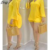 Women Plain Bell Sleeve V-Neck Long Casual Loose Top & Shorts Set Casual Summer Solid Streetewar Suit