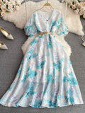 Women Printed Chiffon Dress Elegant V-Neck Short Puff Sleeve High Waist A-Line Vintage Vestidos With Sashes New