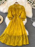 Women Lace Dress Spring Summer Elegant Stand Collar Puff Sleeve High Waist Party Vestidos Female Runway Robe 2023
