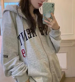 Letter Embroidery Oversized Zip Up HoodieOutfit