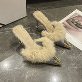 High And Slippers Women Wear Velvet New Pointed Half-Tug Korean Version Of The Tip Tip And High Heel