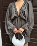 Autumn Women's Skirt Lantern Sleeve V Collar Sexy Temperament High-End French Retro