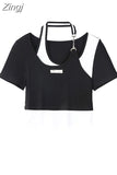Patchwork T Shirt Women Y2k Style Crop Top O-neck Tshirt Streetwear Slim Sexy Hollow Out Irregular Short Sleeve