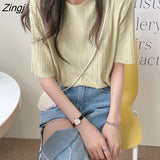 Women T-shirts Summer Knitted Slim Sweet All-match Candy Colors Fashion Korean Style Folds Simple Solid Comfort Leisure
