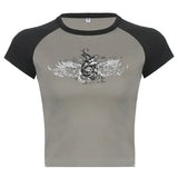 Raglan Sleeve Grunge Wing Print Crop TopOutfit
