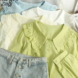 Lace Lapel White Shirt Cute Peter Pan Collar Green Blouses Women Vintage Elegant Office Long Sleeve Blusas Female
