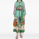 Women's Retro Printed Lantern Sleeves Waist Swing