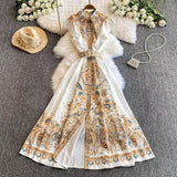 Famous Collar Small Flying Sleeves To Close The Waist Single Buckle Print Dress Female Thin Elegant Temperament