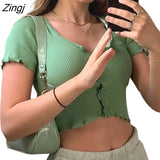 Women Summer Slim Solid Color Button T-shirt Korean Short Sleeve V-neck High Waist Exposed Navel
