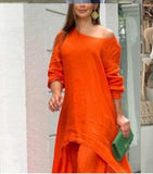 New Women's Cotton And Cotton Fashion Casual Large Code Irregular Long-Sleeved Set Of Wide Leg Pants Two