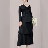 Version Of Temperament Two Sets Of 2025 Autumn New Sling Belt Belt Coat High Waist Pressure Skirt Dress Suit Female