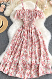 Sexy Slash Neck Spaghetti Strap Midi Dress Women Casual Off Shoulder Short Sleeve Vacation Beach Robe Female