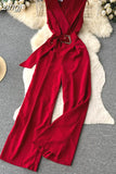 Vintage V-Neck Wide Leg Jumpsuits Women Elegant Red/Green/Orange Sleeveless High Waist Romper With Belts New Fashion