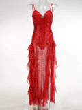High-End Women's Perspective Sexy Sling Dress Dress Deep V Print High Open Fork Dress