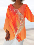 Women's Clothing 2025 Summer New T-Shirt Casual Loose Irregular Print Long-Sleeved V-Neck