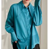 Vintage Satin Silk Women Shirt Turn Down Collar Woman Loose Blouse White Long Sleeve Shirts Blusas Office Lady Tops