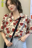 Women Shirts Short Sleeve Summer Sum-proof Harajuku Rose Print Vintage Retro Korean Style Loose Teens Streetwear Chic Tops