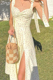 Print Spaghetti Strap Split Dress Women Summer V-neck Backless Party Beach Dress Robe