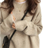 Zingj Women's Autumn Winter New Style With Lazy Wind Pure Color Sweater Loose Round Collar Thick Mixed Color Top Female-Outfit