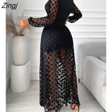 Women's Clothing Spring Polkadot Print Wrap Long Sleeve Maxi Dress See Through Party Wedding Formal Elegant Boho V