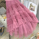 Tulle Long Skirt Women Vintage Gothic High Waist Midi Skirt Korean Style Soft Mesh Fluffy Tutu Skirt Female Jupe