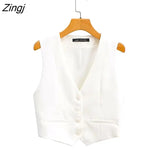 Women Fashion V Neck Single Breasted Short Vest Office Lady Sleeveless Chic White Suit Business Slim Waistcoat Tops