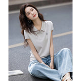 Style Temperament Fashion Age-Old Polo Collar Embroidered Short-Sleeved T-Shirt Women 2025 Summer New Simple Wind