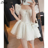 Autumn White Sweet Mini Dress Women Lace Patchwork Sexy Korean Party Dress Female Pink Casual Kawaii Princess Gothic