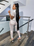 Women 2Pcs Clubwear Outfits Sets Short Sleeve High Neck Zipper Bodysuits Tops Lace Floral See Through Pencil