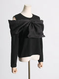 Zingj 2024 New Splice Bow Small Design Sense Black Long-Sleeved T-Shirt Female Careful Machine Off The Shoulder