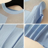 O-neck Short Sleeve Knitted Tops Patchwork Ice Silk Blusas Women Pullover Fashion Thin Blouse Mujer De Moda 2023