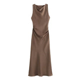 2025 New Fashion Round Collar Sleeveless Black Silk Satin Texture Dress Women