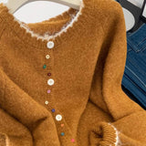 Retro Wavy Collar Color Button Design Knitted Cardigan Women Loose Soft-Creative Sweater Jacket