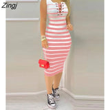 Sleeveless Striped Print Colorblock Eyelet Lace Up Casual Tight Skinny Bodycon Dresses Loungewear Women Tank Dresses