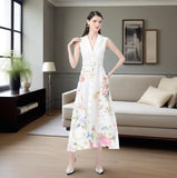 Women's Dress 2025 Holiday Style Suit Collar Sleeveless Lace Floral Print Long