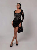 Long-Sleeved Sexy Lace Fish Bone Girded Waist Dress Autumn And Winter New Short