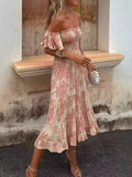 Zingj Spring And Summer New Print Open Shoulder With Chest Sexy Rest Lotus Leaf Sleeve Dress