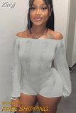 Sexy Women Knit Jumpsuit Long Sleeve Off-shoulder Backless Hollowed Solid Slim Fit Bodysuit for Club Party