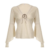 Fabric Splicing With V-Neck Horn Sleeve T-Shirt Woman 2025 Thin New Top
