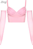 Sexy Pink Crop Top with Gloves Female Fashion Y2K Cleavage Square Neck Sleeveless Tanks Top Casual Streetwear