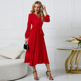 Thin Women's New Long-Sleeved Slim 100-Folded Belt V-Neck Dress